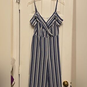 By & By Brand Women’s Jr Long Jumper, sleeveless, with straps. Blue/White Stripe